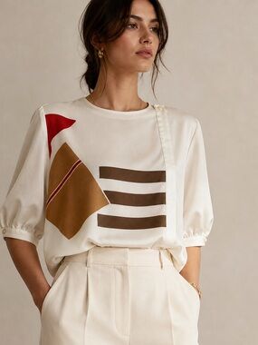 Franck Olivier Paris White Abstract Asymmetrical Blouse Silk Feel